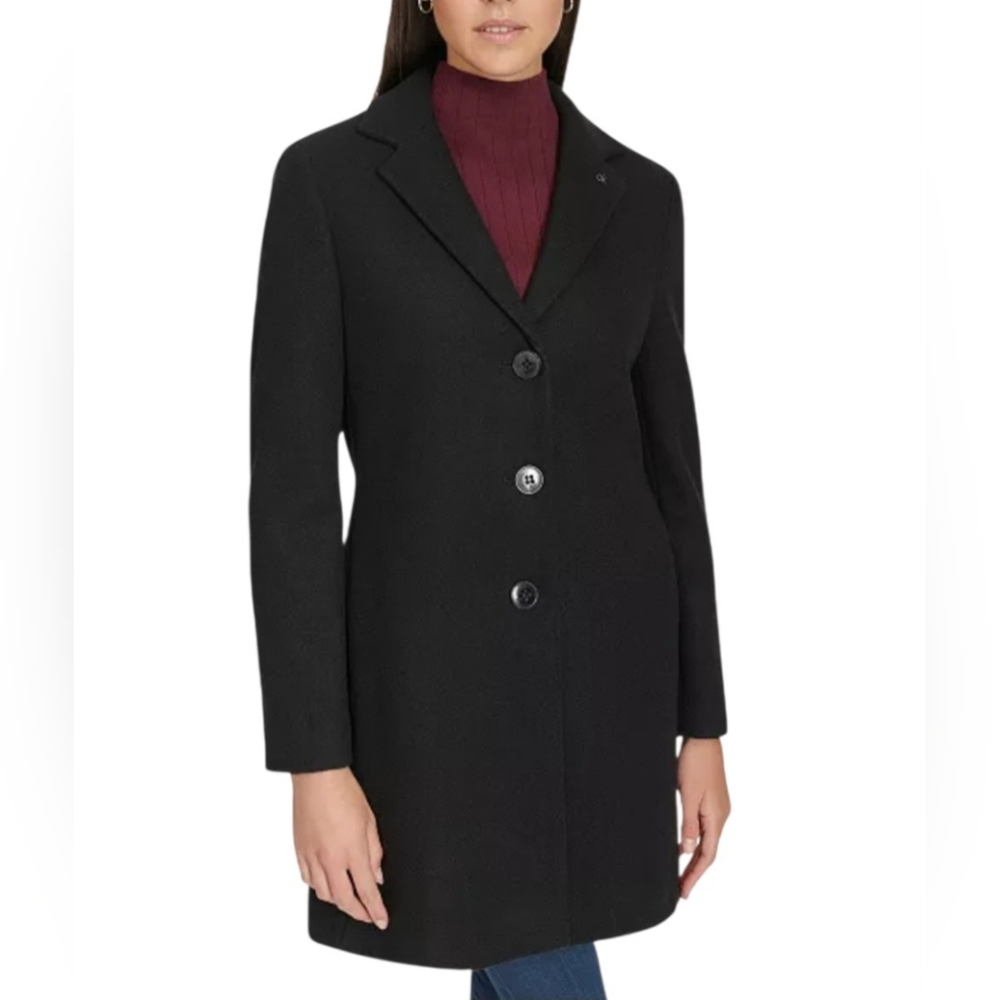 Women Calvin Klein Single Breasted Wool Cashmere Coat Black Size Large MSRP $360